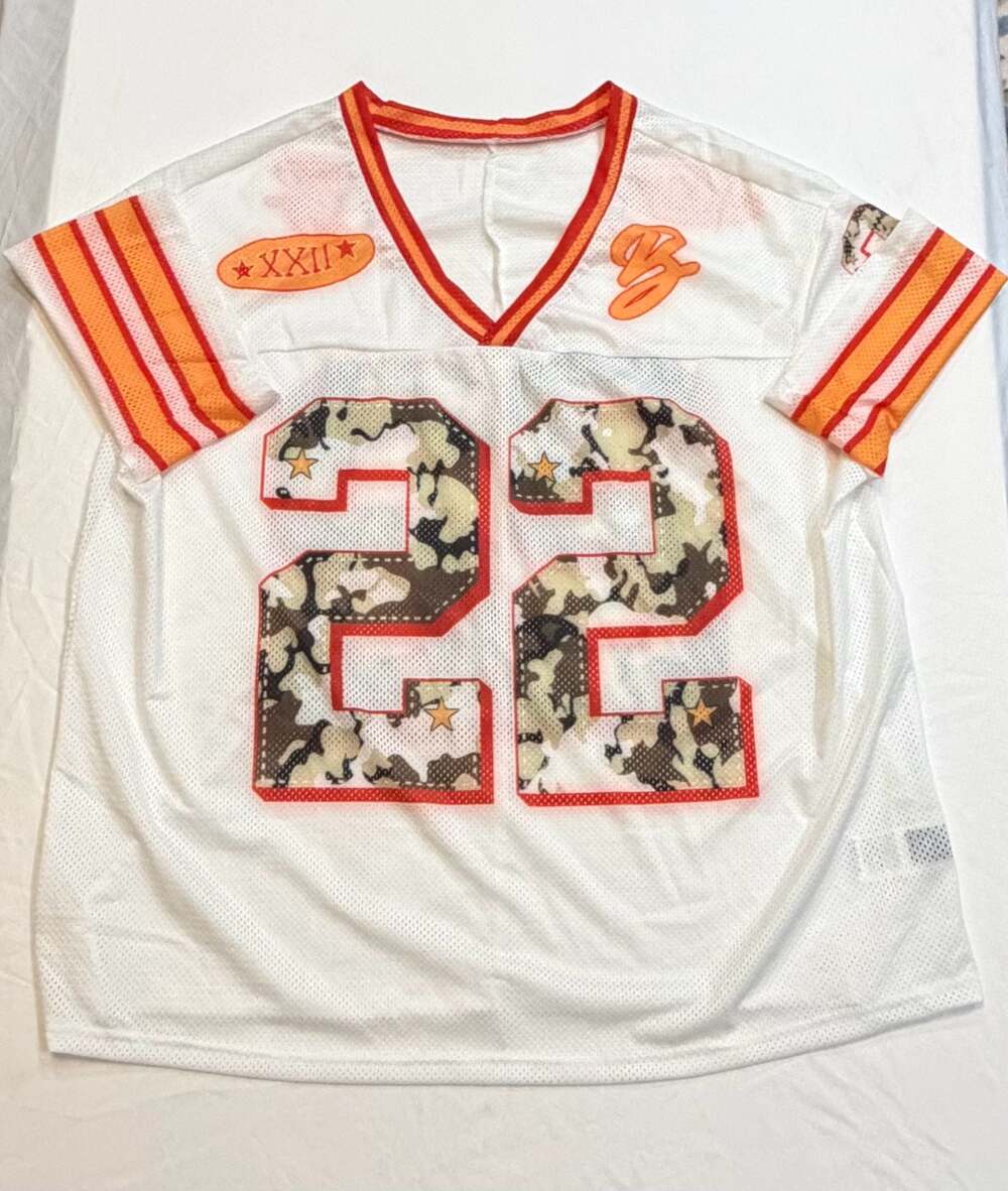 Athletic Jersey Top - White, Orange, Camouflage Number 22 V-Neck - BEAUDRM